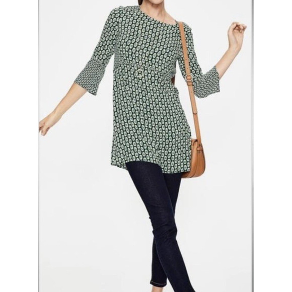 Boden Edna Tunic Dress 3/4 Flared Sleeve Floral Polka Dot Green White Blue 10L - Picture 1 of 11